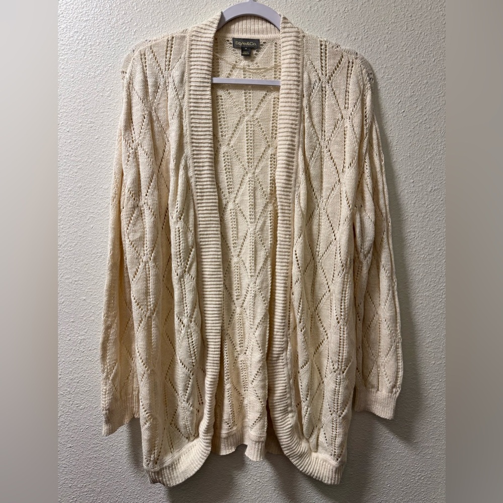 Style & Co Knit Cardigan Open Front Tunic Sweater Perforated Cream Womens Medium